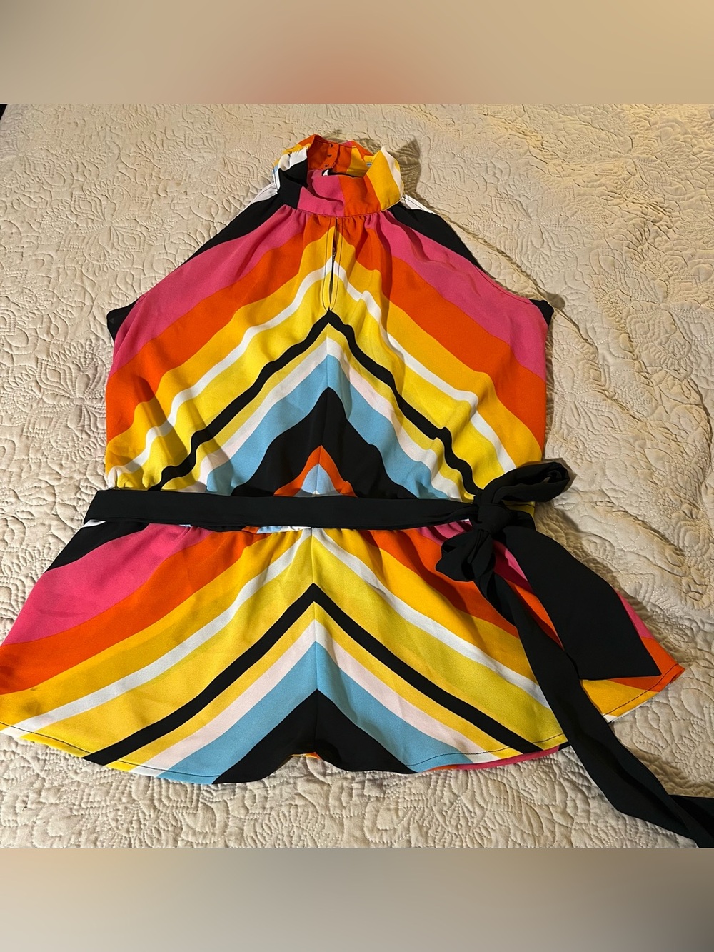 New York & Company Women’s L Multicolor Striped Halter Romper Belted